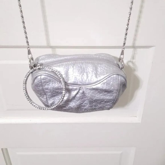 NEW Big Buddha SHINY Metallic SILVER Mini Crossbody Clutch Purse Rhinestone Zip - Picture 8 of 12